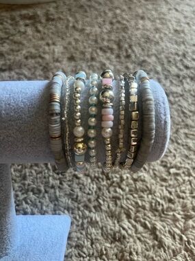 Stacked Beaded Bracelet Set - Pastel Pink & Neutral Tones